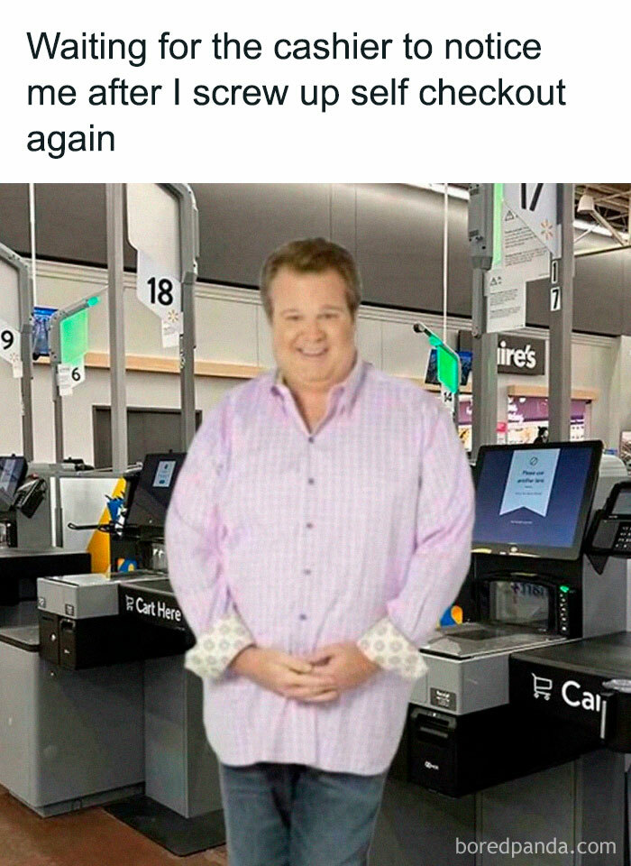 Man awkwardly waiting at the self-checkout, hoping for cashier assistance; reflects life's awkward moments.