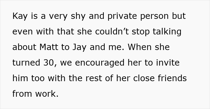 Text discussing Kay talking about her crush, Matt, and being encouraged to invite him to a party.