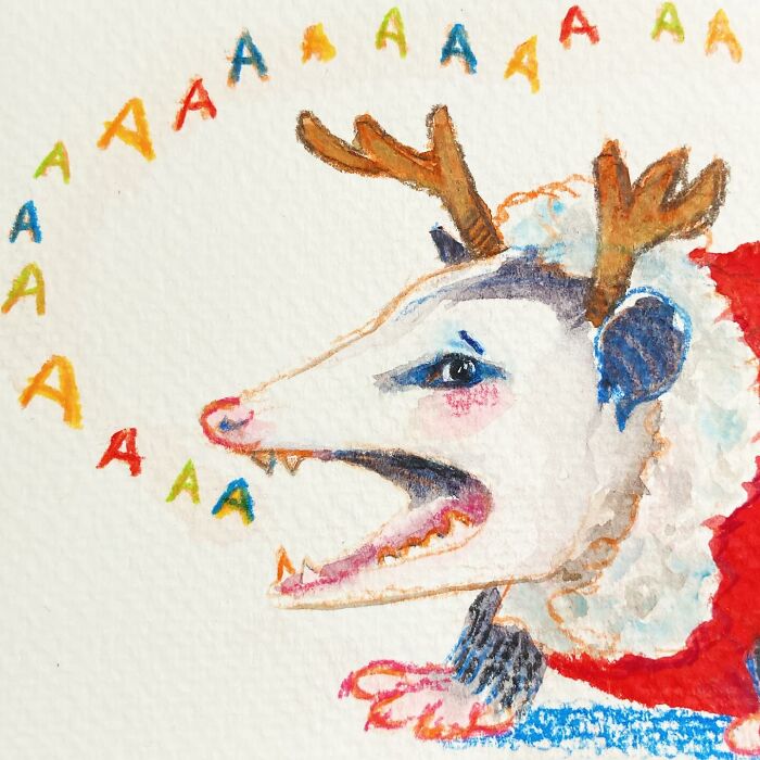 Sassy animal watercolor with antlers, open mouth, and colorful "A" letters surrounding it, showcasing pop culture style.