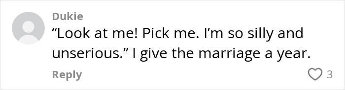 Comment expressing a skeptical opinion about a bride's unserious behavior during a wedding photoshoot.