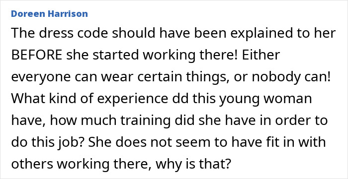 Comment criticizing workplace mistreatment over trainers, highlighting unequal dress code enforcement. Comment criticizing workplace mistreatment over trainers, highlighting unequal dress code enforcement.