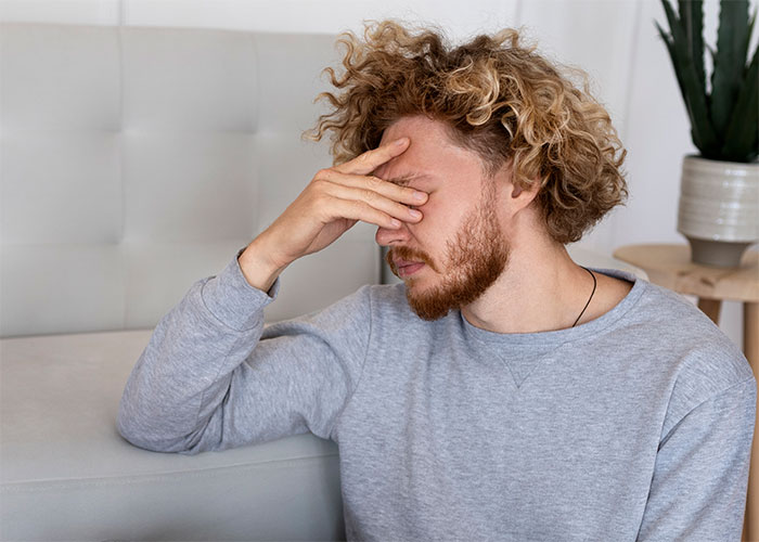 Person in gray sweater on couch, frustrated over lack of basic knowledge.