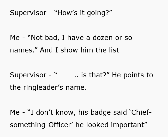 Supervisor questioning a worker about a list, highlighting CEO incident.