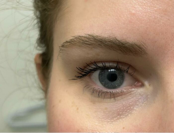 Close-up of a natural eyebrow and blue eye, highlighting beauty standards and trends in cosmetics.