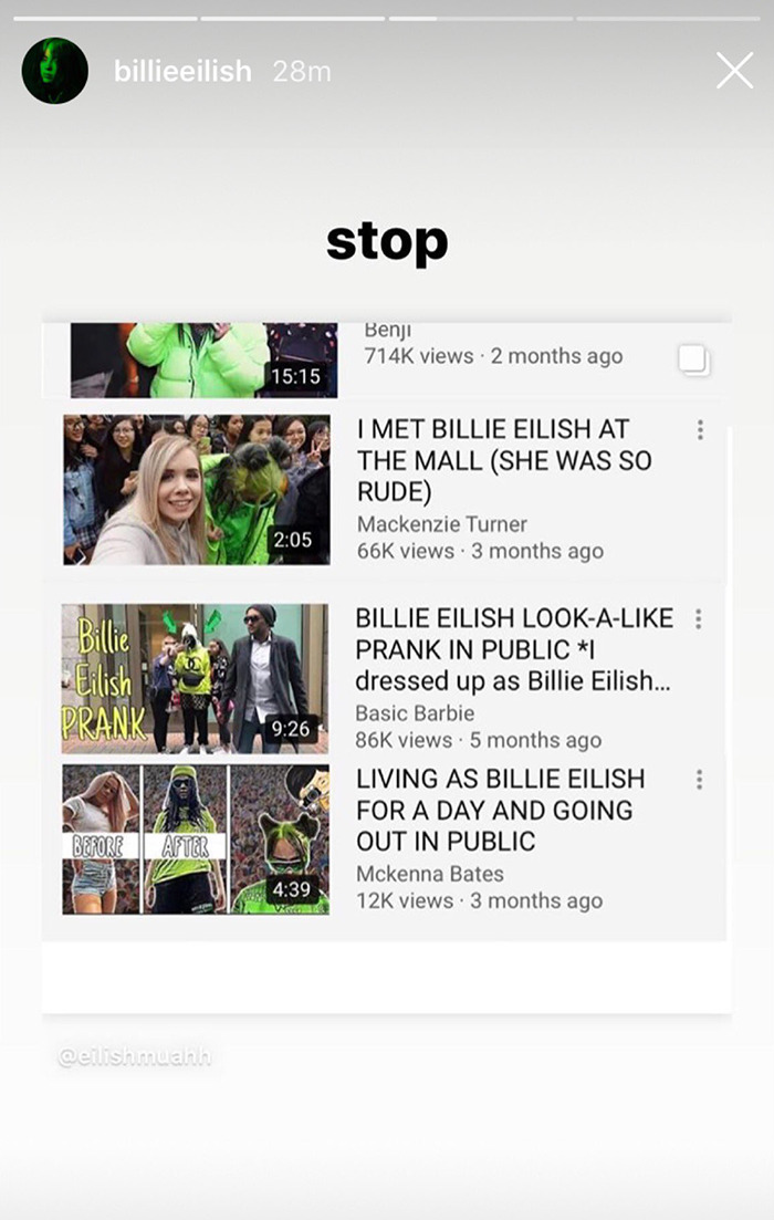 Billie Eilish look-alike videos on a device screen, featuring pranks and public reactions in a mall setting.