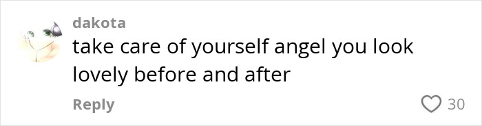 Comment from a user named Dakota expressing support for a woman with melanin loss, saying she looks lovely before and after.