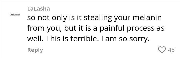 Comment expressing sympathy for a Black woman with cancer, discussing her melanin loss and the painful process.