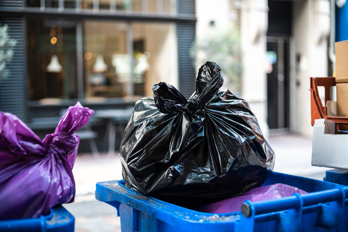 Garbage bag in blue bin on a city street, symbolizing discarded sentimental items. Garbage bag in blue bin on a city street, symbolizing discarded sentimental items.