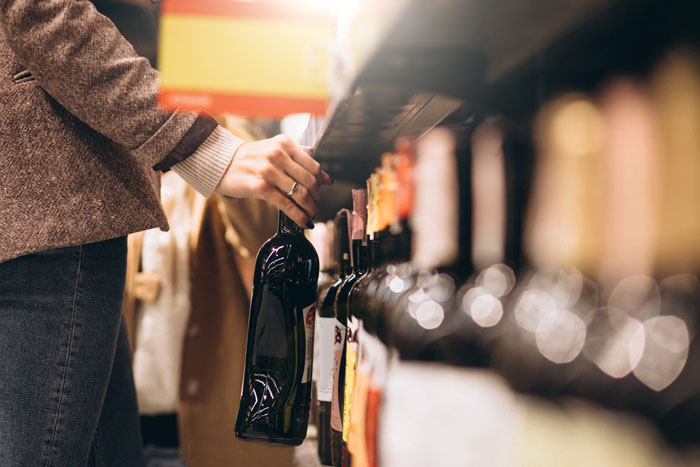 Person selecting wine from a store shelf, implying a discussion around alcoholism and family genes.