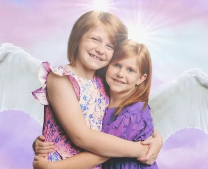 Two girls hugging with angel wings and halos, smiling against a heavenly background, related to the "monster mom" incident. Two girls hugging with angel wings and halos, smiling against a heavenly background, related to the "monster mom" incident.
