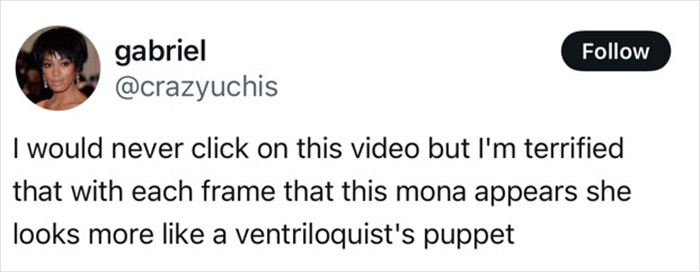 Tweet about Millie Bobby Brown, discussing puppet-like appearance.