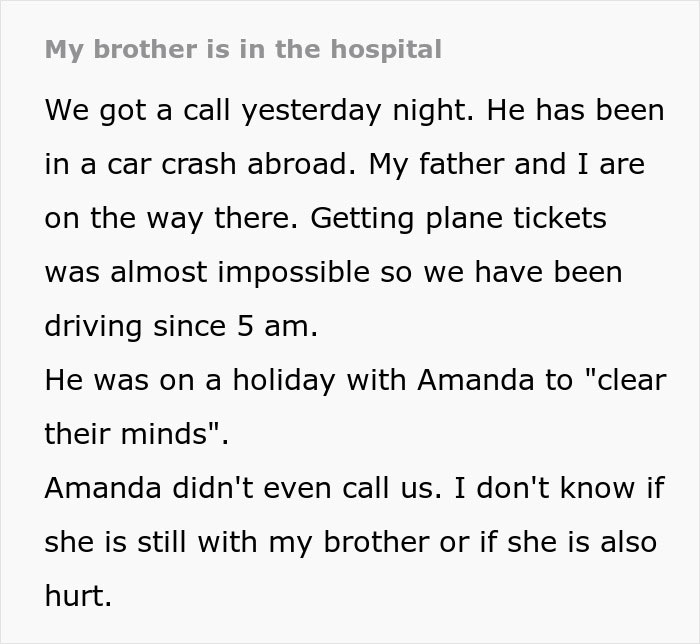 Text about brother hospitalized after car crash with woman instead of long-term girlfriend.