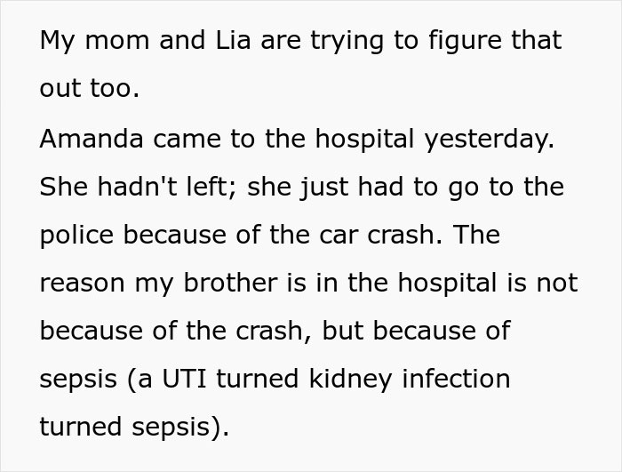 Hospital visit note discussing a brother's sepsis and car crash.