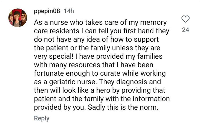 Comment from a nurse discussing dementia care challenges and the lack of resources for families. Comment from a nurse discussing dementia care challenges and the lack of resources for families.