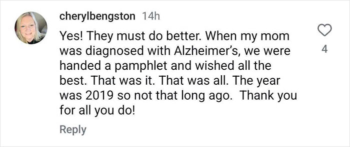 Instagram comment discussing Alzheimer's diagnosis experience related to Bruce Willis' dementia. Instagram comment discussing Alzheimer's diagnosis experience related to Bruce Willis' dementia.