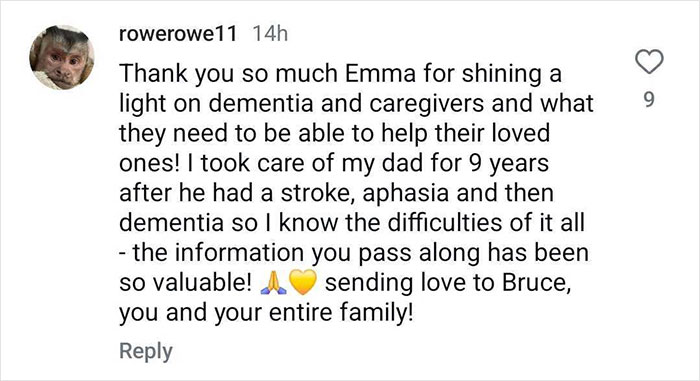 Comment thanking Emma for highlighting dementia caregiver challenges, with a message of support for Bruce Willis and family. Comment thanking Emma for highlighting dementia caregiver challenges, with a message of support for Bruce Willis and family.