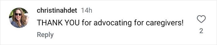 Instagram comment praising Bruce Willis' wife for supporting caregivers amid his dementia battle. Instagram comment praising Bruce Willis' wife for supporting caregivers amid his dementia battle.