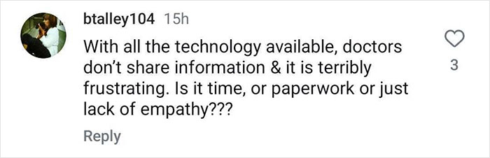 Comment on doctors and technology, mentioning frustration with information sharing. Comment on doctors and technology, mentioning frustration with information sharing.