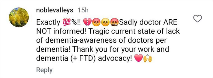 Comment highlights lack of dementia awareness among doctors, thanking Bruce Willis’ wife for advocacy. Comment highlights lack of dementia awareness among doctors, thanking Bruce Willis’ wife for advocacy.
