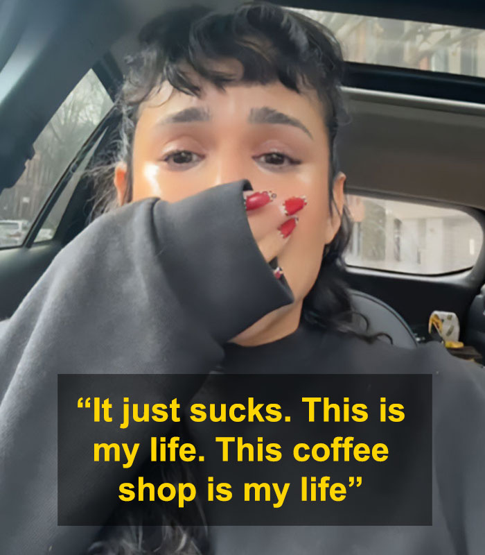 A person in a car, visibly emotional, with a quote, highlighting NYC cafe owner's viral TikTok story. A person in a car, visibly emotional, with a quote, highlighting NYC cafe owner's viral TikTok story.