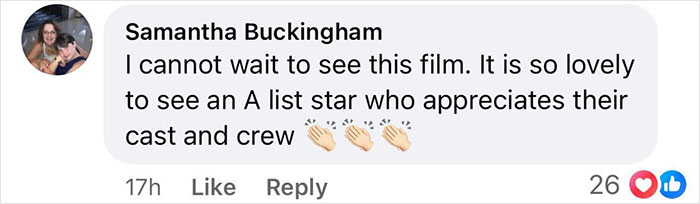 Social media comment praising an A-list star's appreciation for cast and crew, reacting to "70s Pawn Star.