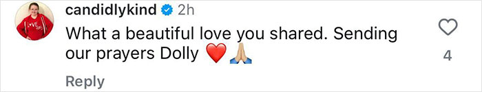 Comment supporting Dolly Parton's heartfelt song for Carl Dean with love and prayer emojis.
