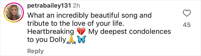 Comment praising Dolly Parton's heartbreaking song dedicated to Carl Dean with emojis expressing condolences.