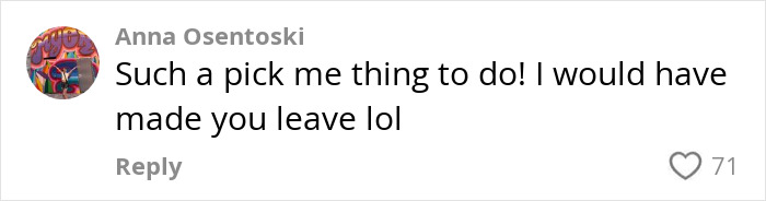 Comment criticizing a proposal at another's wedding, calling it a "pick me" act, with 71 likes.