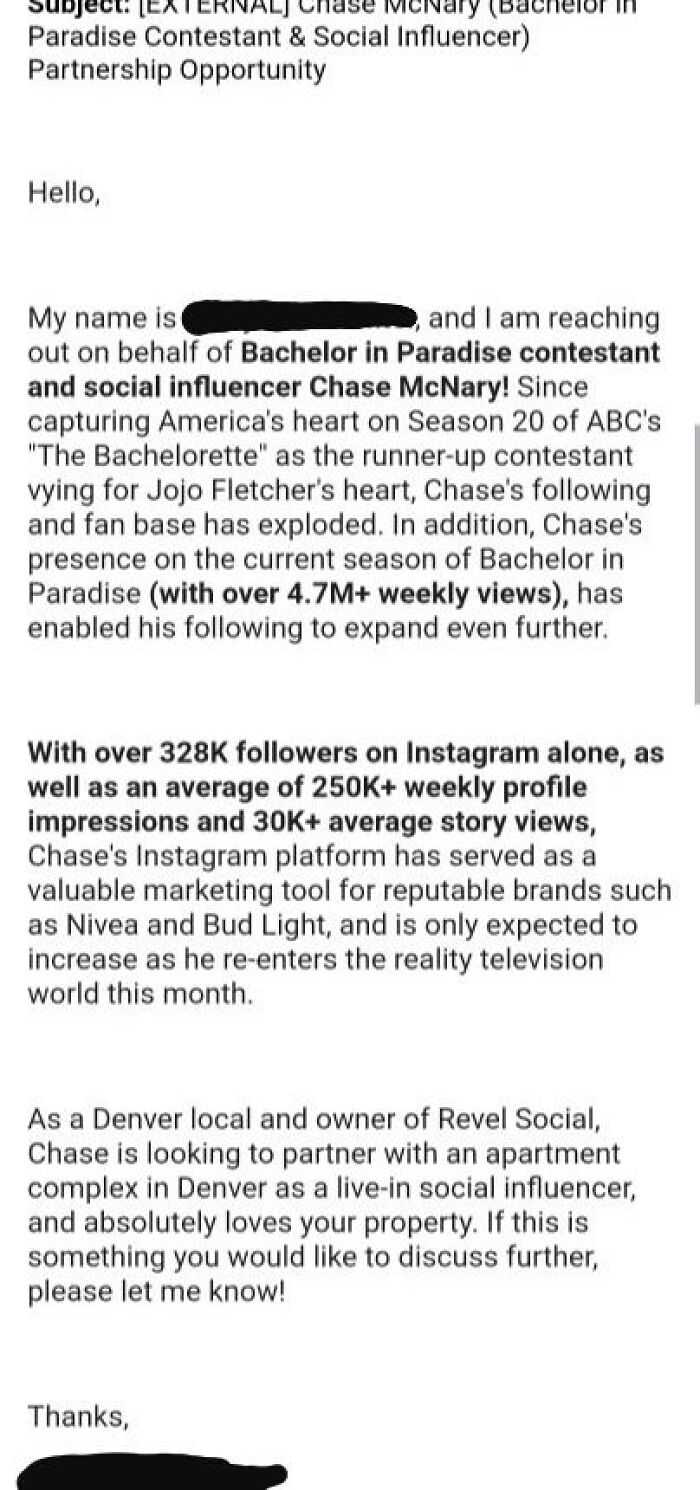 Email pitch highlighting a partnership opportunity with an infuriating entitled influencer from a popular reality show.