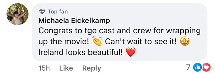 Comment congratulating movie cast with emojis, referencing Ireland's beauty and looking forward to watching it.