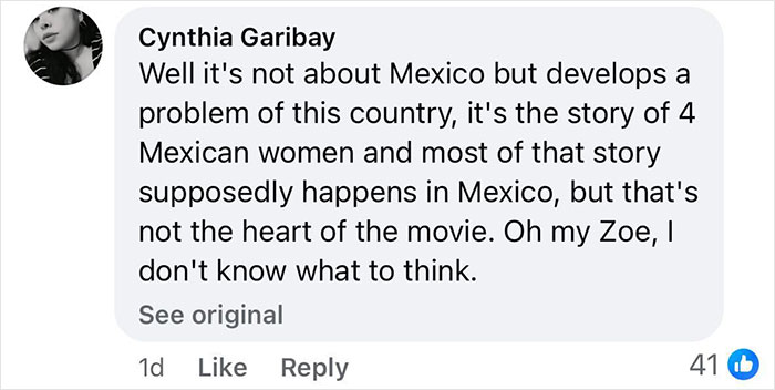 Comment discussing a movie's setting and story, mentioning Mexico and Zoe Salda&ntilde;a's involvement.