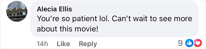 Comment from Alecia Ellis praising patience and showing excitement for a movie, related to 70s Pawn Star.