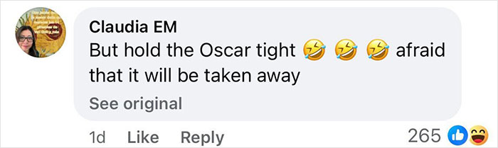 Facebook comment screenshot discussing Oscars apology with laughing emojis.