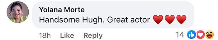 Comment praising a "70s Pawn Star" with hearts and likes for Hugh Jackman.