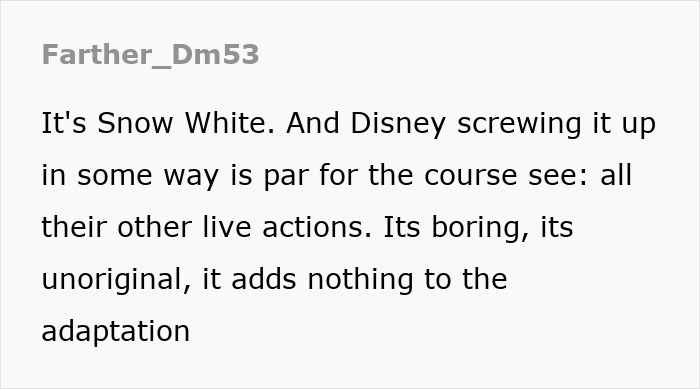 Text critique on Disney's Snow White, describing it as boring and unoriginal. Text critique on Disney's Snow White, describing it as boring and unoriginal.
