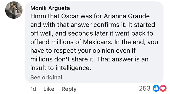 Facebook comment criticizing Zoe Salda&ntilde;a's Oscars apology for offending Mexicans.