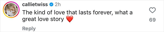 Comment on Dolly Parton's song about her husband, highlighting enduring love with a heart emoji, liked 69 times.