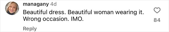 Instagram comment about model Ella Cervetto's white dress at a wedding, mentioning it as a wrong occasion choice.