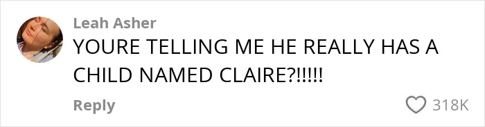 Comment reacting to Ed O'Neill's daughter named Claire, with 318K likes from user Leah Asher.