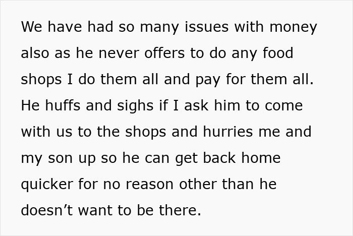 Text excerpt describing a woman&rsquo;s issues with her boyfriend not helping or shopping, and rushing her and son.