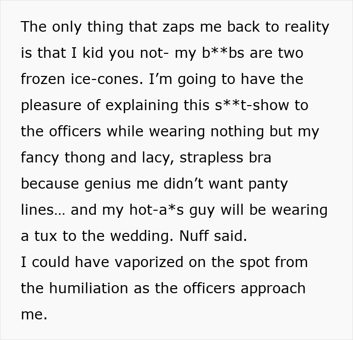 Text excerpt from story about a woman's awkward encounter with officers during an insulin quest.