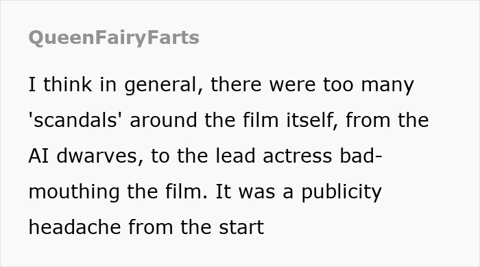 Text screenshot discussing scandals around Disney's Snow White flop, mentioning AI dwarves and actress comments. Text screenshot discussing scandals around Disney's Snow White flop, mentioning AI dwarves and actress comments.