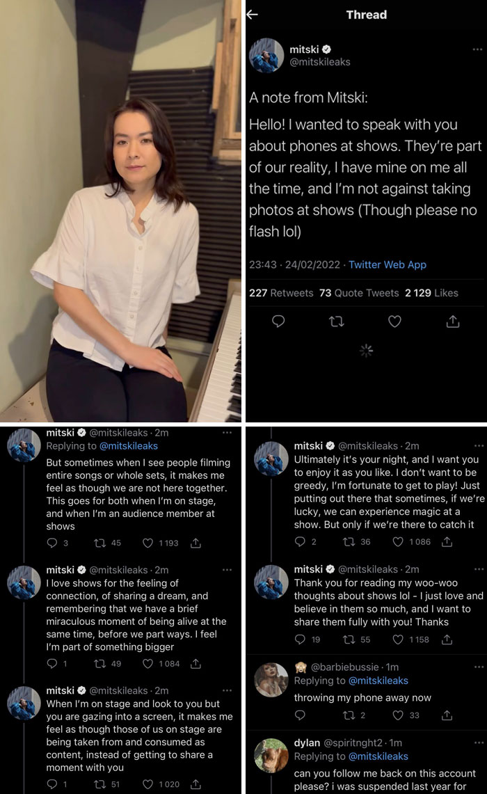 Mitski in a white shirt addressing overstepping fans in a thoughtful Twitter thread.