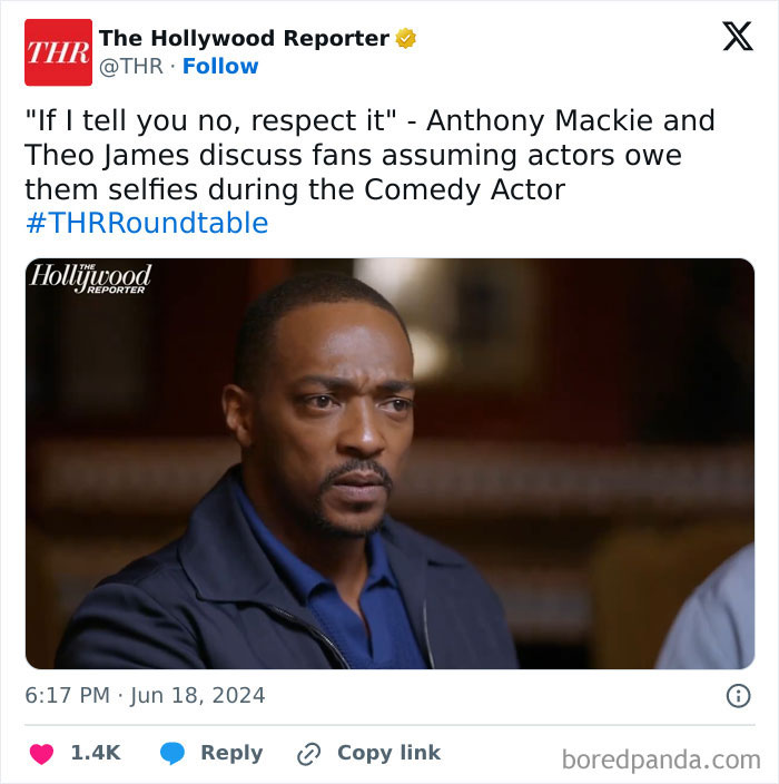 Actor discusses fans' selfie assumptions during a roundtable, highlighting classy celeb responses.