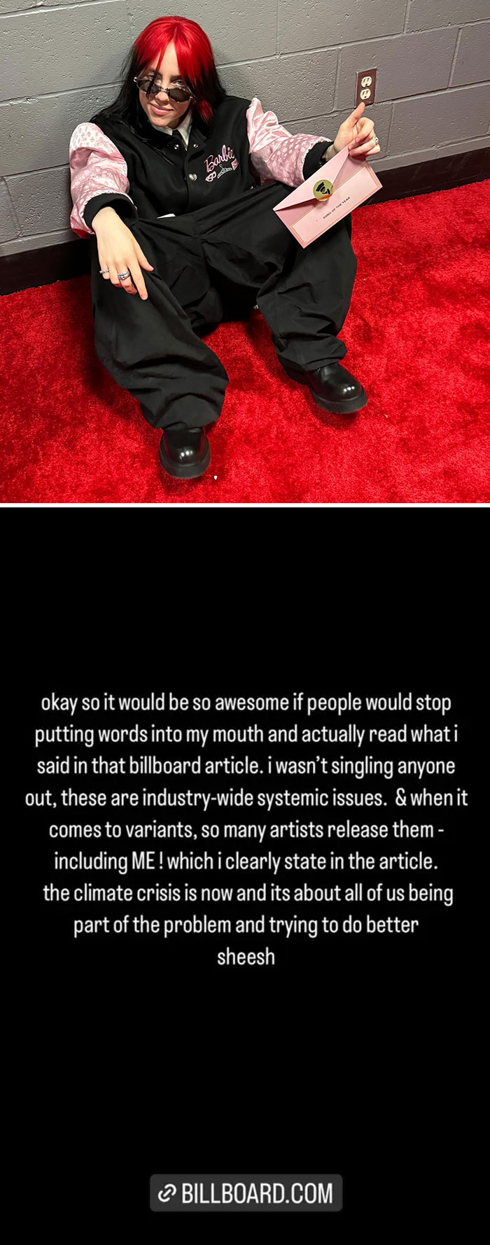 Celebrity on red carpet, dressed casually, holding an envelope, and addressing overstepping fans in a statement.