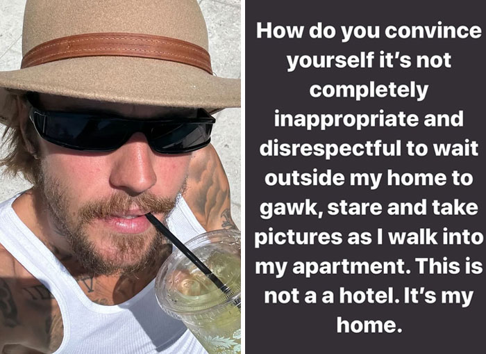 Celebrity in sunglasses and hat sips drink while responding to overstepping fans with a classy clapback about privacy.