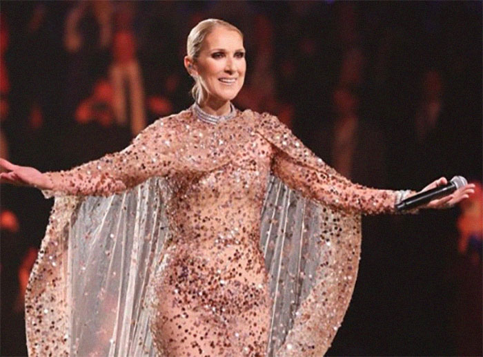 Céline Dion performing in a sparkling gown, captivating the audience. Céline Dion performing in a sparkling gown, captivating the audience.