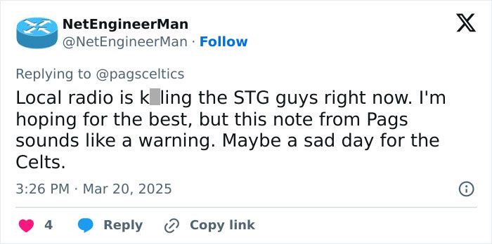 Tweet discussing concerns about Boston Celtics and recent investor activity. Tweet discussing concerns about Boston Celtics and recent investor activity.