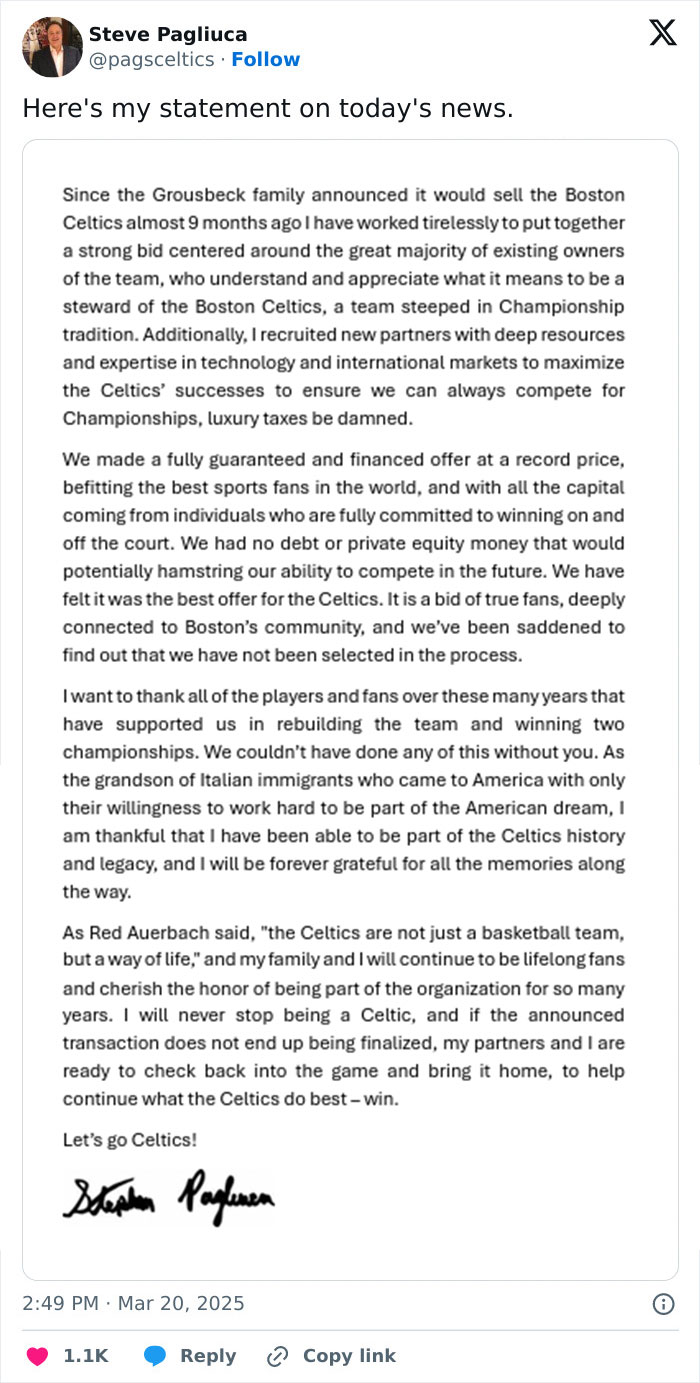 Steve Pagliuca's statement on Boston Celtics sale, expressing commitment and gratitude to fans and team legacy. Steve Pagliuca's statement on Boston Celtics sale, expressing commitment and gratitude to fans and team legacy.