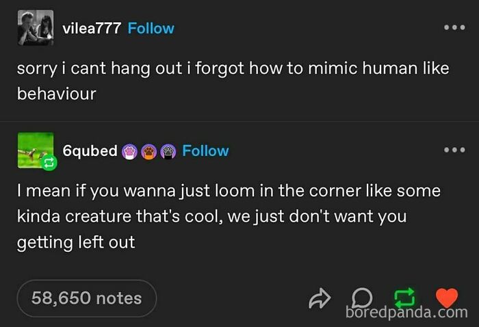 Funny meme about social awkwardness and humor with over 58,000 notes, featuring humorous text dialogue.